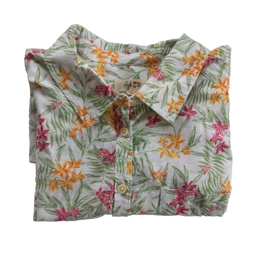 Style & Co Women's 2X Summer Paisley/Floral Buttons Down Blouse‎ Canvas Cotton